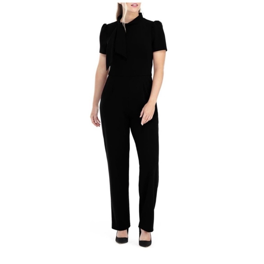 Maggy London Black Mock Neck Bow Tie Puff Sleeve Wide Leg Jumpsuit Womens 14โ